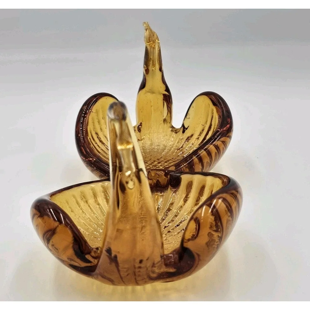 Amber Art Glass Double Bowl Swan Handle Murano Style Mid Century Decorative Dish